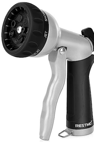 RESTMO Garden Hose Nozzle, Heavy Duty Metal Water Nozzle with 7 Adjustable Spray Patterns, High Pressure Hand Sprayer with Flow Control, for Watering Plants & Lawns, Washing Cars & Pets, Black