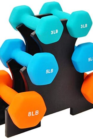 Signature Fitness 32LB Colored Neoprene Coated Dumbbell Set with Stand 3, 5, 8 lbs Pairs