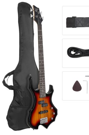 GLARRY Electric Bass Guitar 4 Strings Buring Fire Style Full Size for Beginner Right Hand with Bag, Strap and Accessories (Sunset)