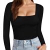 MANGOPOP Womens Long Sleeve Square Neck T Shirts Tops Tees