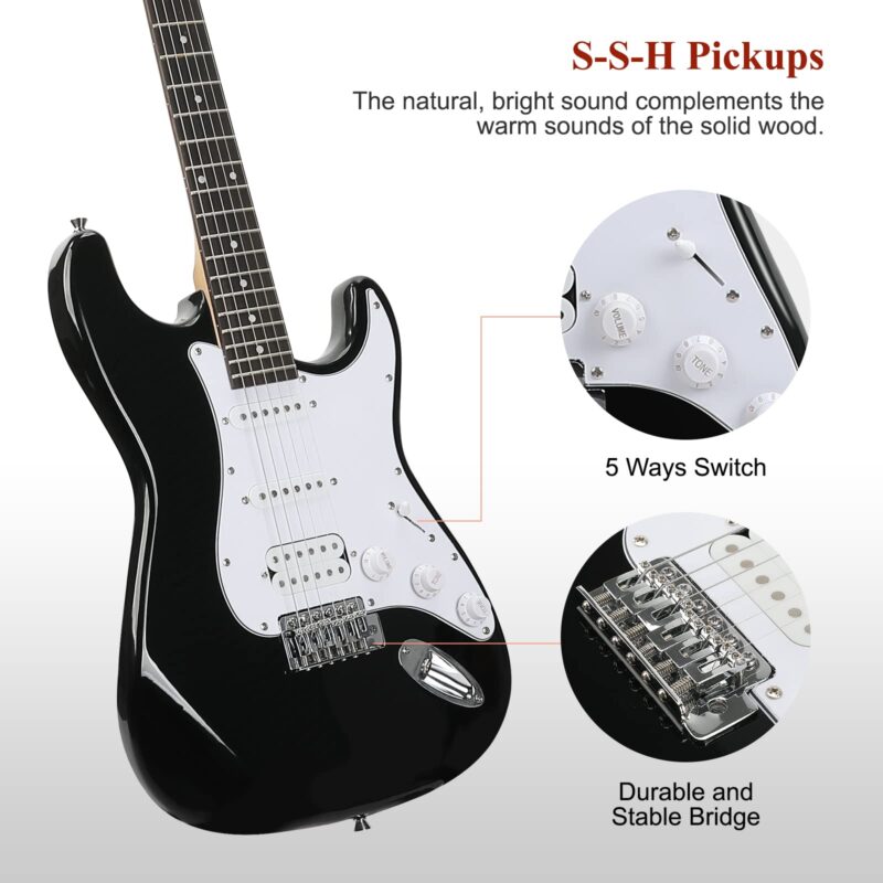 SAYHA Electric Guitar, 39 Inch Solid Full-size Electric Guitar HSS Pickups Starter Kit Includes Amplifier, Bag, Digital Tuner, Strap, String, Cable, Picks（Black） - Image 6