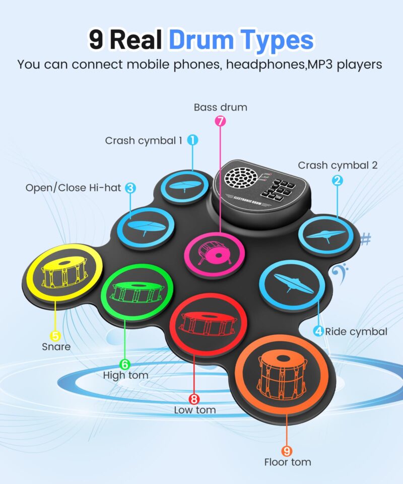 Sboet Electronic Drum Set, 9-Drum Practice Pad with Headphone Jack, Roll-up Drum Kit Machine with Built-in Speaker Drum Pedals and Sticks 10 Hours Playtime, Great Christmas Holiday Gifts for Kids - Image 7